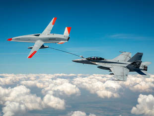 MQ-25A Stingray refueling an F/A-18 Super Hornet