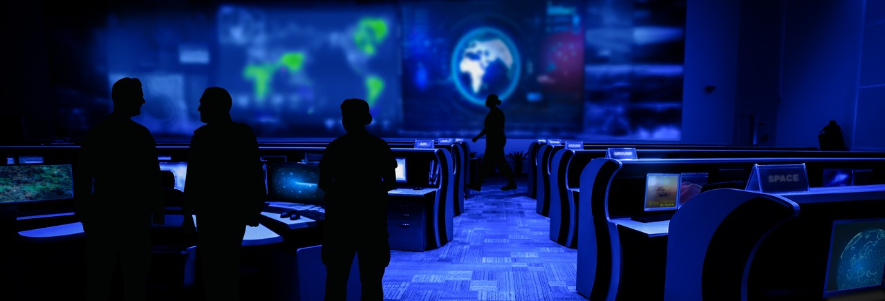 Composite image of a Modern Control room indoors