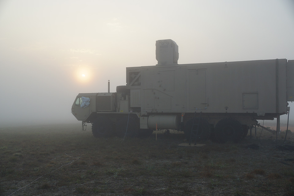 A High Energy Laser Mobile Test Truck (HELMTT) laser system integrated on the Heavy Expanded Mobility Tactical Truck (HEMTT) 
