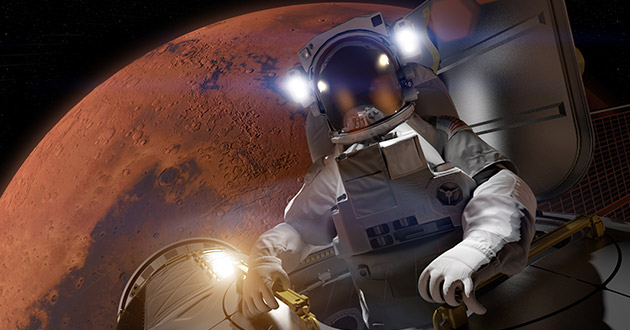 Astronaut in open spacecraft hatch in front of Mars