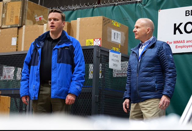 Troy Montgomery (left) and Bill Goggins (right) use skills they developed in the United States Marine Corps to help run the KC-46 supply chain.